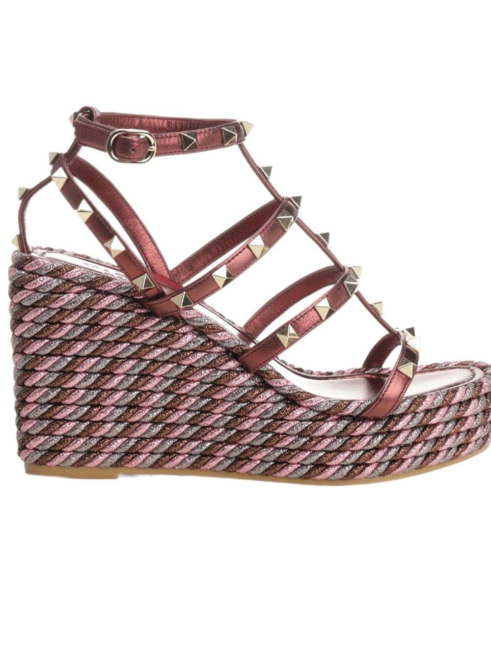 VALENTINO - NEW Studded Strap Wedge Sandals in Metallic Burgundy and Pink NIB